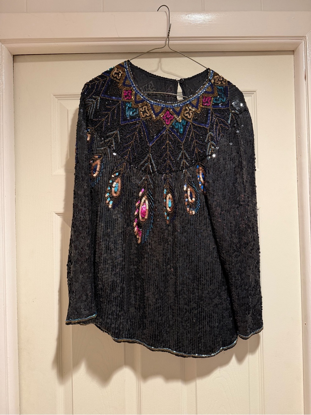 Black Beaded Embellished Long-Sleeve Women's Blouse with Multicolor Accents
